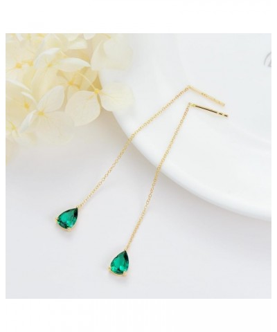 14K Gold Emerald Threader Earrings for Women Real Solid Gold Dangle Drop Earrings with Birthstone, Birthday Jewelry Gift for ...