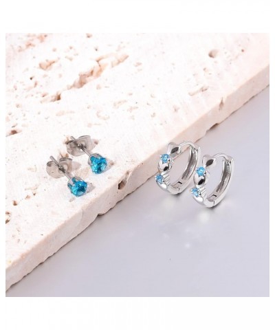 14K White Gold Plated Small Hoop Earrings for Women Girls Heart Cubic Zirconia Hypoallergenic Earrings Hoop+Stud Set--Blue CZ...