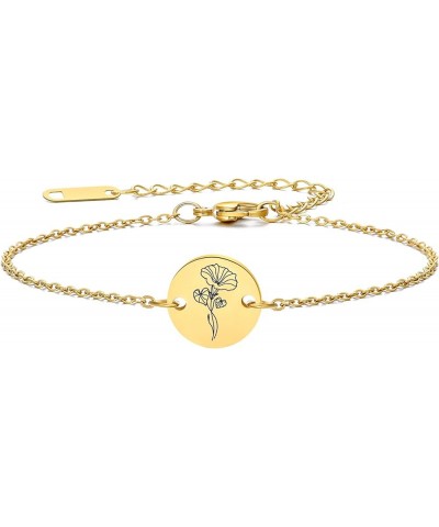 Birth Flower Bracelet 18k Gold Engraved Custom Floral Pendant Bracelets Dainty Stainless Steel Birth Month Chain Disc Charm H...