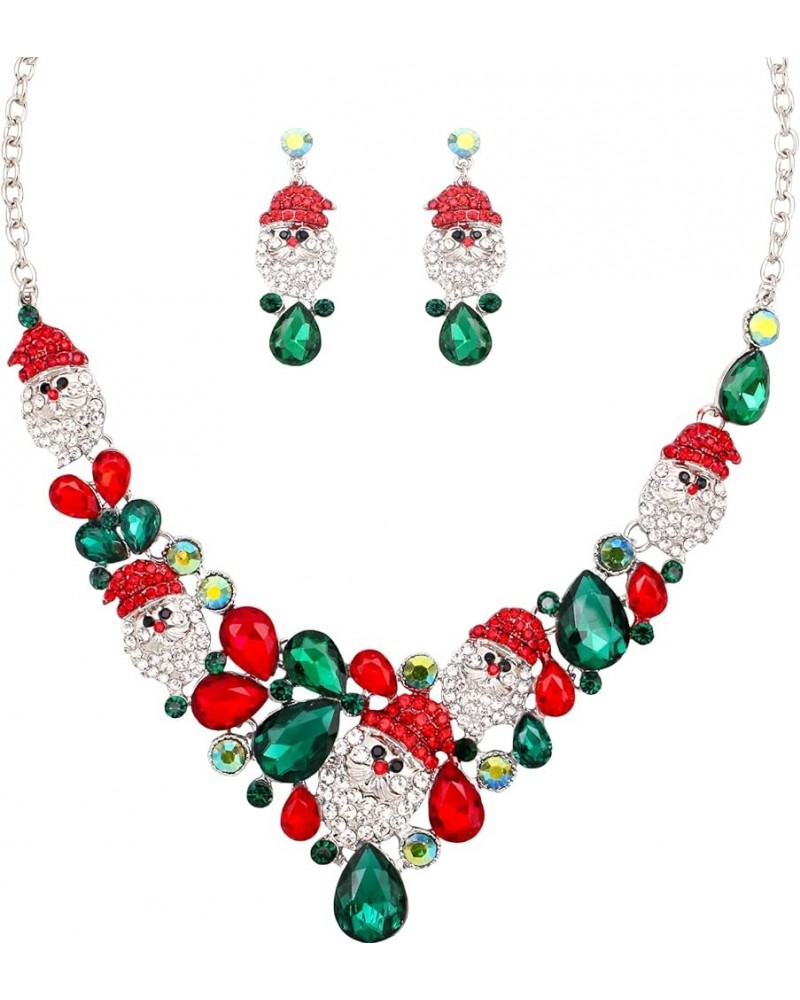 luxury Bib Santa Claus Christmas necklace Christmas Tree Earring Costume Jewelry Set Gifts for Women and girls Style4-Platinu...