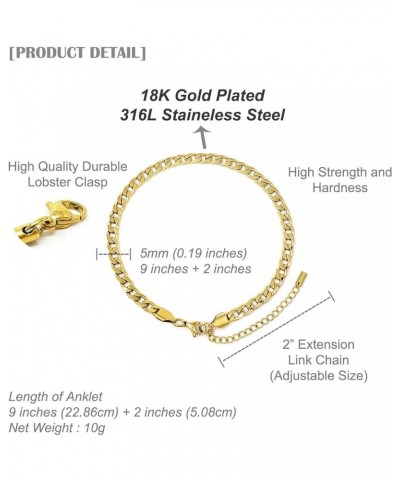 Stainless Steel Chain Anklet for Women Girls Waterproof Jewelry Adjustable Ankle Bracelet Jewelry C: Curb Cuban (Gold 5mm) $1...