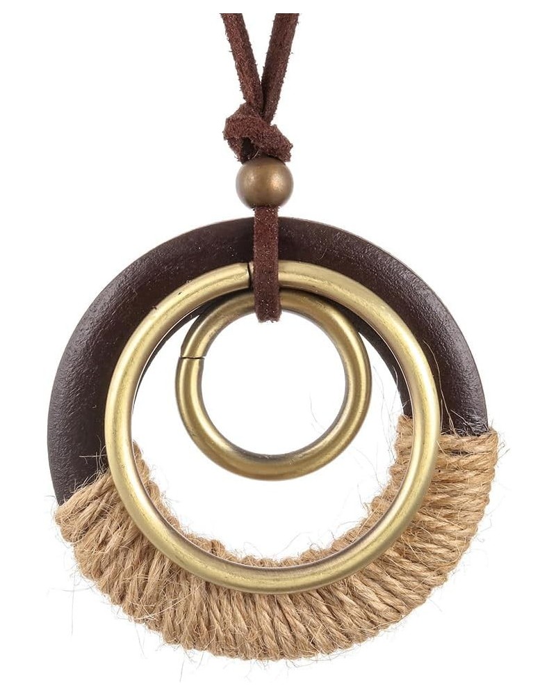 Handmade Bronze Color Multiple Ring Pendant Necklace Boho Style Long Leather Rope Sweater Necklace for Women AN008-WOOD-STRAP...