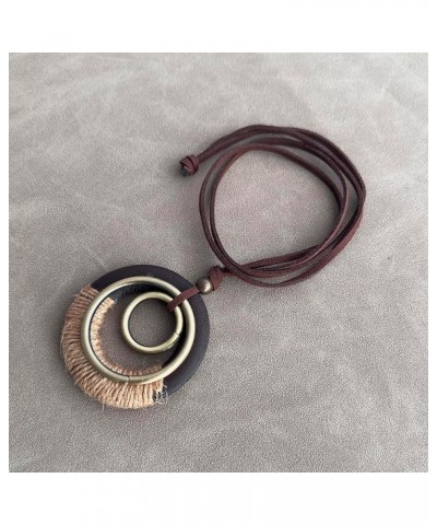 Handmade Bronze Color Multiple Ring Pendant Necklace Boho Style Long Leather Rope Sweater Necklace for Women AN008-WOOD-STRAP...