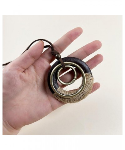 Handmade Bronze Color Multiple Ring Pendant Necklace Boho Style Long Leather Rope Sweater Necklace for Women AN008-WOOD-STRAP...