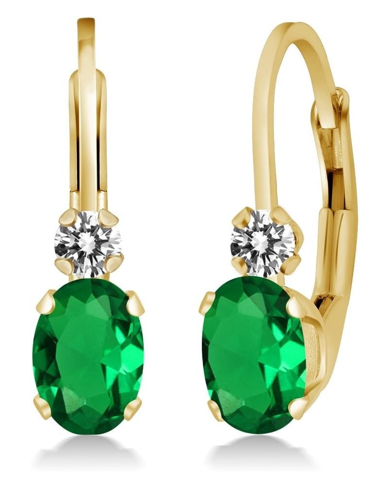 14K Yellow Gold Green Nano Emerald and White Diamond Leverback Earrings For Women | 0.87 Cttw | Gemstone May Birthstone | Ova...