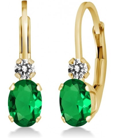 14K Yellow Gold Green Nano Emerald and White Diamond Leverback Earrings For Women | 0.87 Cttw | Gemstone May Birthstone | Ova...