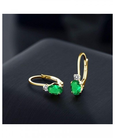 14K Yellow Gold Green Nano Emerald and White Diamond Leverback Earrings For Women | 0.87 Cttw | Gemstone May Birthstone | Ova...