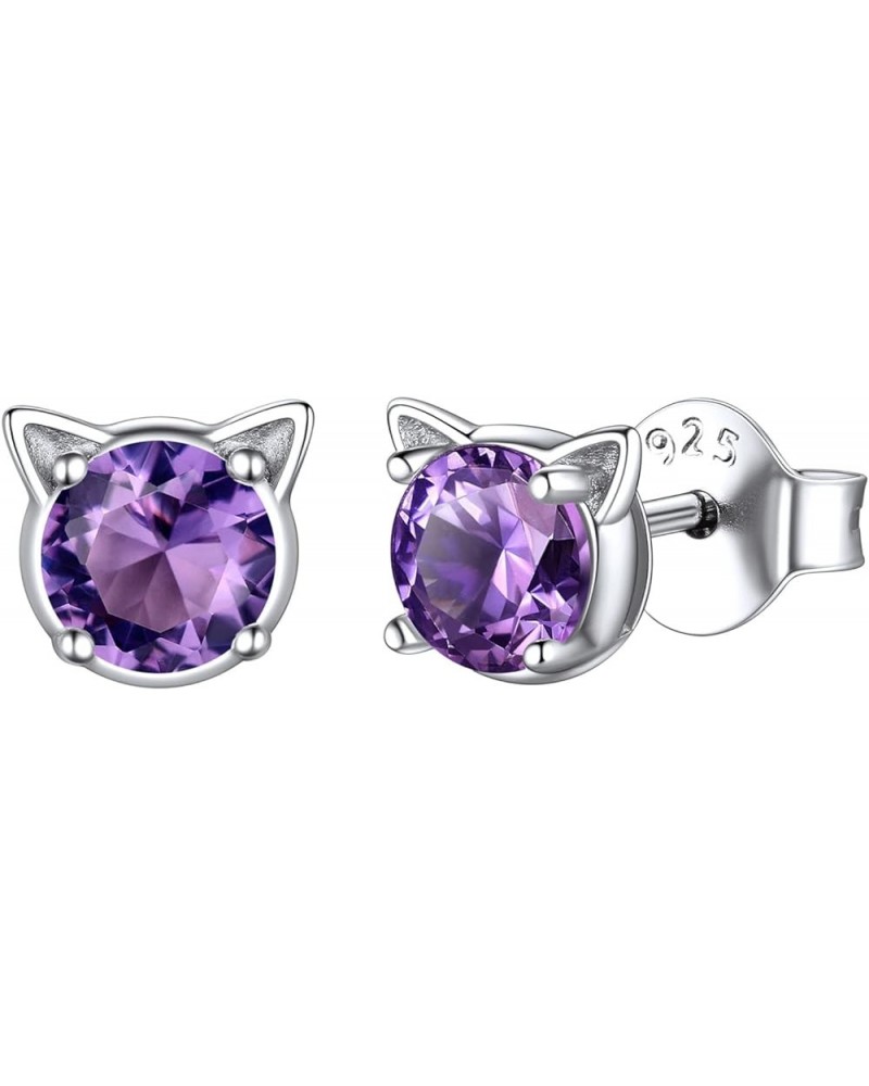 Cute Cat Earrings for Girls Hypoallergenic 925 Sterling Silver Round Birthshtone Cat Stud Earrings for Women Teens Girls Cat ...