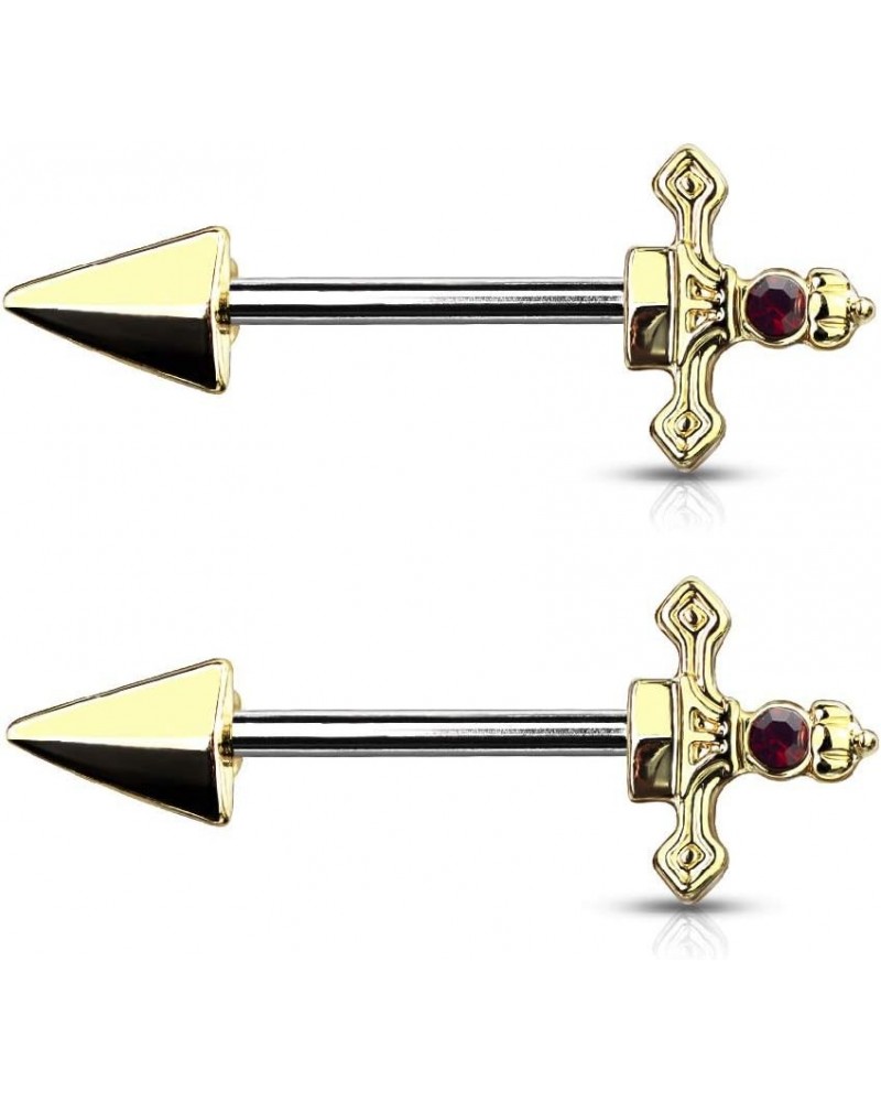 14GA 316L Stainless Steel Red Gem Set Dagger Nipple Barbells, Sold as A Pair Gold Tone $9.43 Body Jewelry