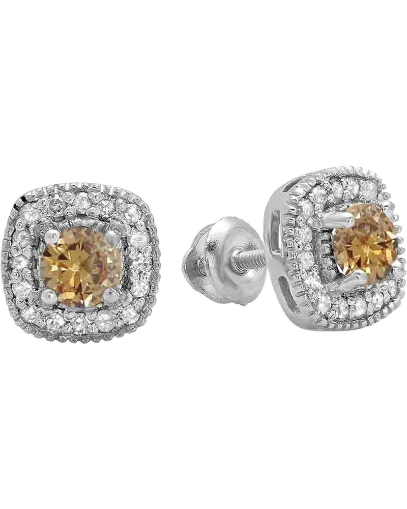 Round Gemstone & White Diamond Ladies Halo Style Stud Earrings, 925 Sterling Silver Champagne Diamond $121.34 Earrings