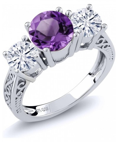 925 Sterling Silver Round Purple Amethyst and White Moissanite 3-Stone Ring For Women (2.20 Cttw, Gemstone Birthstone, Availa...