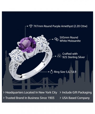 925 Sterling Silver Round Purple Amethyst and White Moissanite 3-Stone Ring For Women (2.20 Cttw, Gemstone Birthstone, Availa...