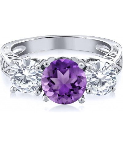 925 Sterling Silver Round Purple Amethyst and White Moissanite 3-Stone Ring For Women (2.20 Cttw, Gemstone Birthstone, Availa...