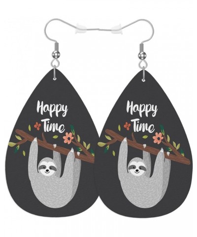 Cute Sloth Fashion Faux Leather Earrings Gray Wild Sloth Tree Branches Happy Time Quotes Wedding Teardrop Earrings Jewelry Fo...