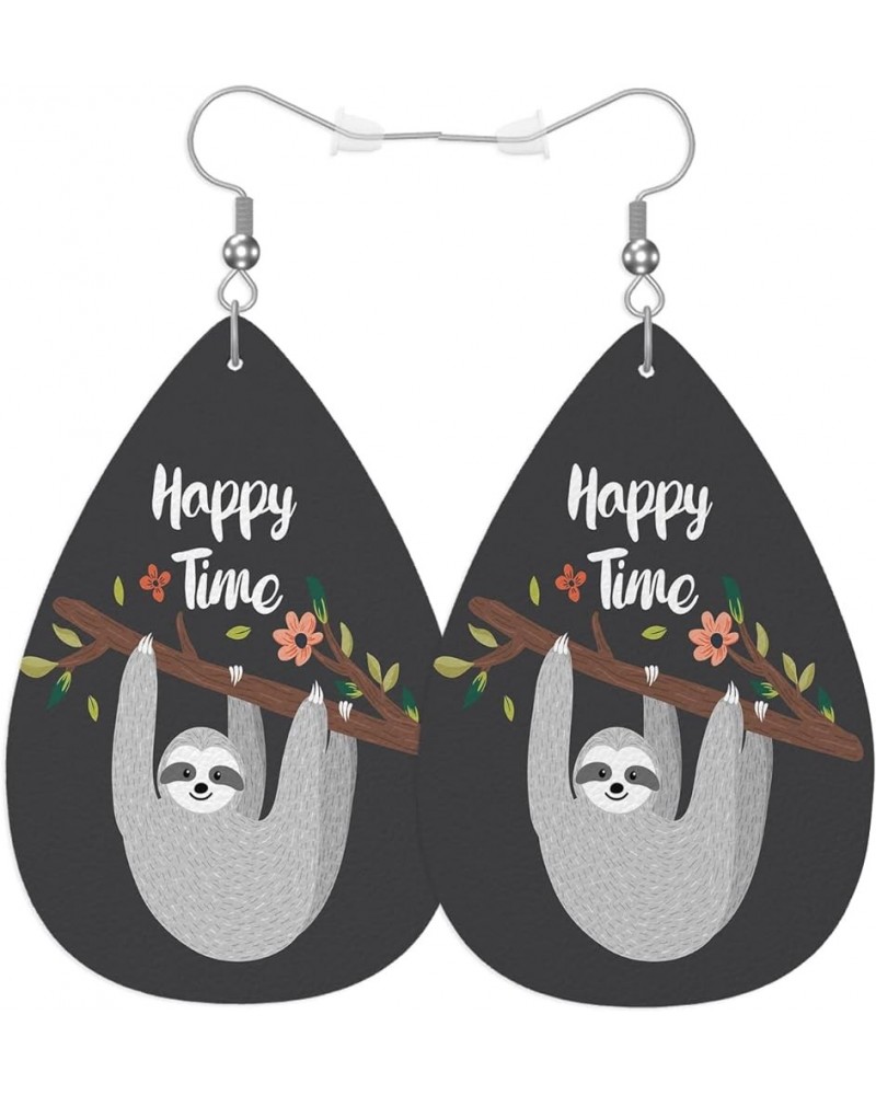 Cute Sloth Fashion Faux Leather Earrings Gray Wild Sloth Tree Branches Happy Time Quotes Wedding Teardrop Earrings Jewelry Fo...