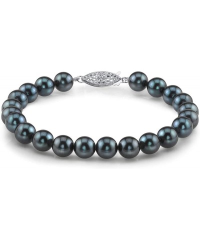 14K Gold 6.5-7mm Round Black Japanese Akoya Saltwater Cultured Pearl Bracelet for Women 6.5 Inches White Gold $87.72 Bracelets