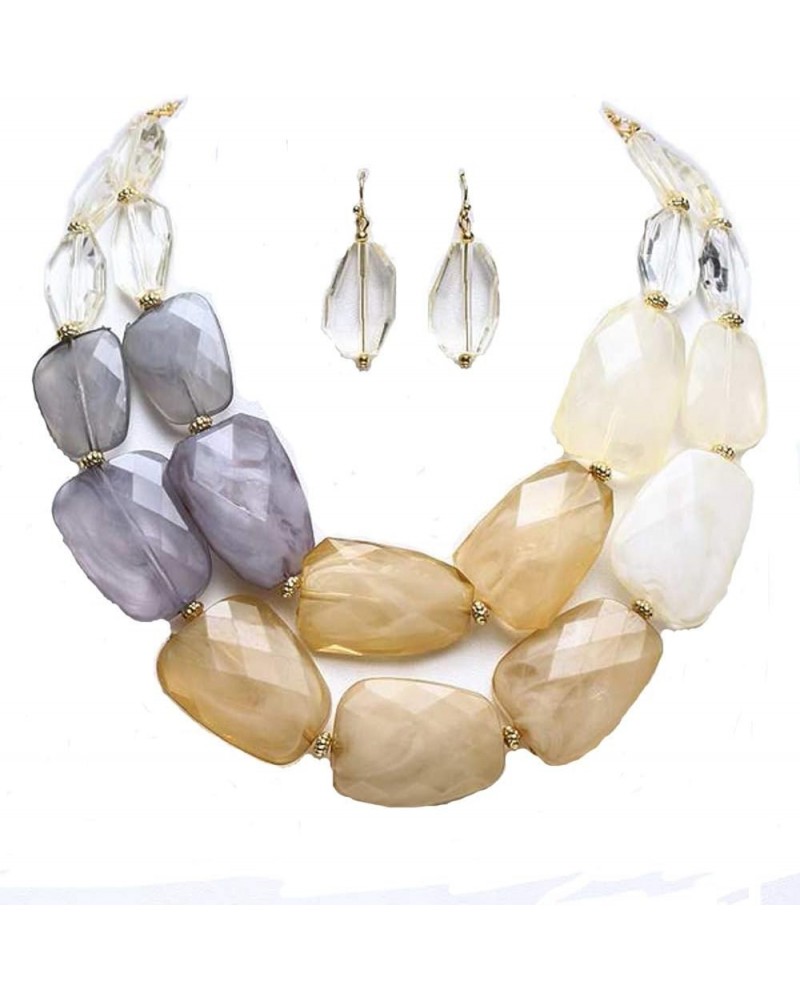 Neutral Earth Tone Ivory Beige White Clear Quartz Grey Frosted Gray Acrylic Resin Stone Chunky Statement Choker Necklace Earr...