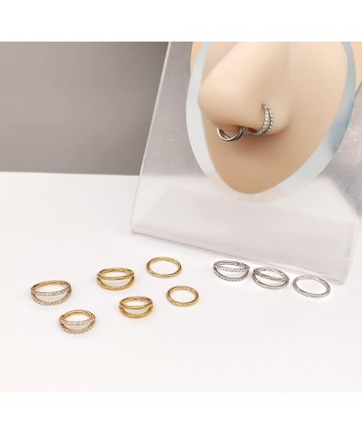 3Pcs 16G 18G Nose Ring Hoops Septum Rings 8mm 10mm Surgical Steel Double Hoop Nose Ring- Double Row Diamonds Hinged Segment H...