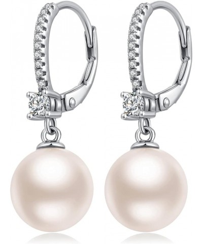 925 Sterling Silver Pearl Leverback Earrings for Women Cubic Zirconia Diamond Pearl Dangle Drop Earrings, 18K White Gold Plat...