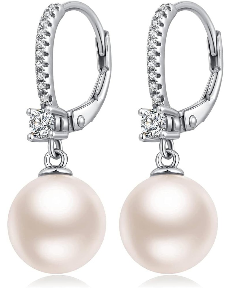 925 Sterling Silver Pearl Leverback Earrings for Women Cubic Zirconia Diamond Pearl Dangle Drop Earrings, 18K White Gold Plat...