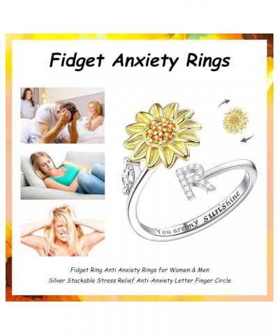 Fidget Rings for Women, Sunflower Adjustable Size Spinner Ring, Silver Stackable Stress Relief Anti-Anxiety Letter Finger Cir...