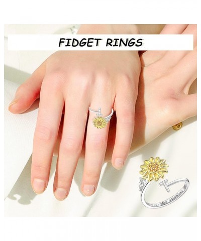 Fidget Rings for Women, Sunflower Adjustable Size Spinner Ring, Silver Stackable Stress Relief Anti-Anxiety Letter Finger Cir...