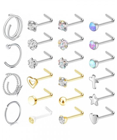 20G Nose Rings Nostril Studs, 316L Surgical Steel Nose Hoops Nostril Ring, Gold CZ Nose Piercings L Shaped Corkscrew Nose Jew...