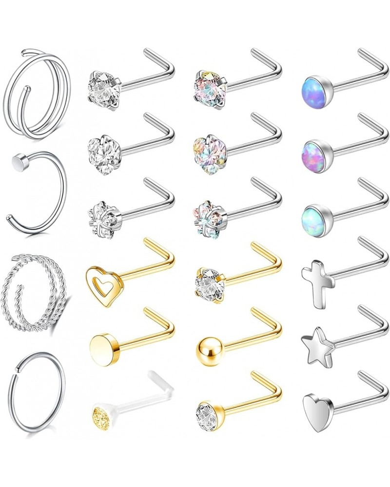 20G Nose Rings Nostril Studs, 316L Surgical Steel Nose Hoops Nostril Ring, Gold CZ Nose Piercings L Shaped Corkscrew Nose Jew...