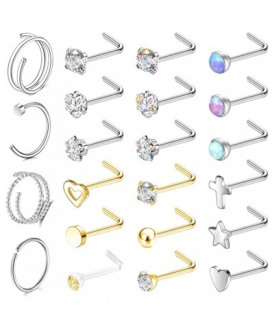 20G Nose Rings Nostril Studs, 316L Surgical Steel Nose Hoops Nostril Ring, Gold CZ Nose Piercings L Shaped Corkscrew Nose Jew...