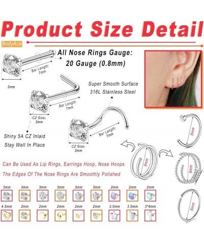 20G Nose Rings Nostril Studs, 316L Surgical Steel Nose Hoops Nostril Ring, Gold CZ Nose Piercings L Shaped Corkscrew Nose Jew...