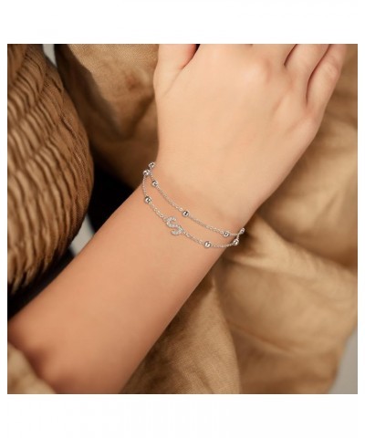 925 Sterling Silver Multilayer CZ Initial Double Link Bracelet Cute Tiny Charm Dainty Adjustable Bracelet Gold/Silver Tone Gi...