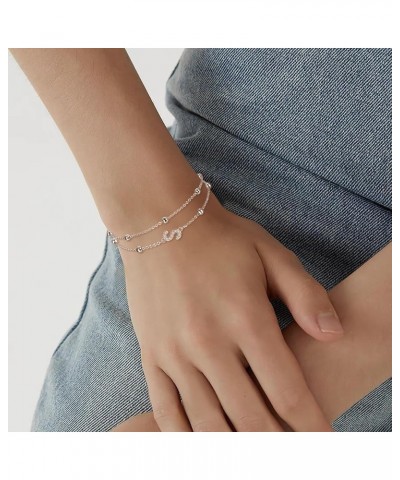 925 Sterling Silver Multilayer CZ Initial Double Link Bracelet Cute Tiny Charm Dainty Adjustable Bracelet Gold/Silver Tone Gi...