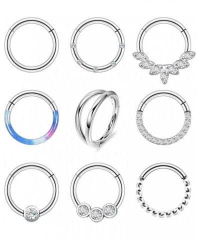 9PCS 16G 316L Stainless Steel Small Clicker Hinged Septum Rings for Women Men CZ Tiny Septum Nose Hoops Seamless Hinged Segme...