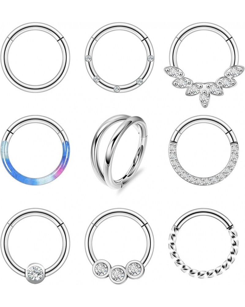 9PCS 16G 316L Stainless Steel Small Clicker Hinged Septum Rings for Women Men CZ Tiny Septum Nose Hoops Seamless Hinged Segme...