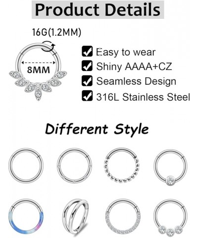 9PCS 16G 316L Stainless Steel Small Clicker Hinged Septum Rings for Women Men CZ Tiny Septum Nose Hoops Seamless Hinged Segme...