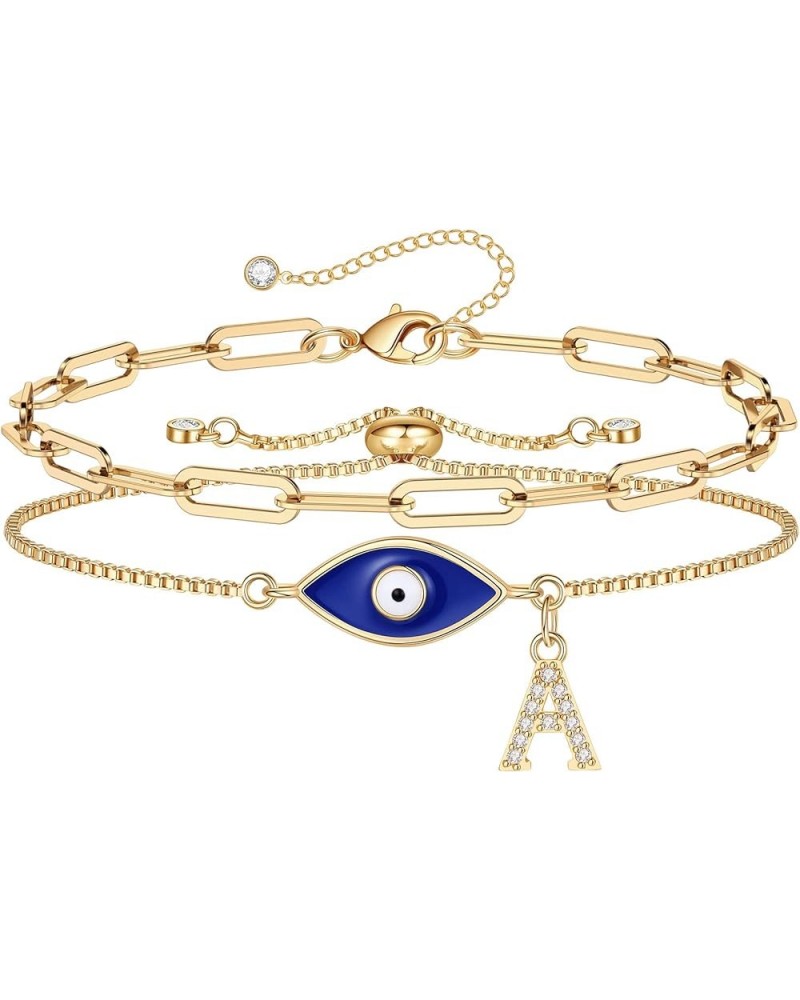 Gold Evil Eye Bracelets for Women, 14K Gold Plated Dainty Layering Paperclip Initial Bracelet Protection Evil Eye Jewelry Lay...