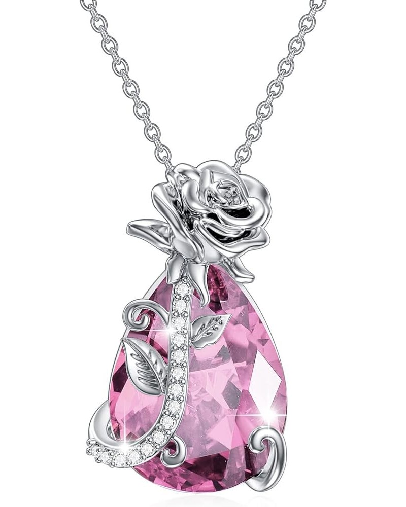 Rose Flower Pendant S925 Sterling Silver Crystal Necklace with Birthstone Rose Flower Jewelry Gifts for Women 10-Oct $23.46 N...