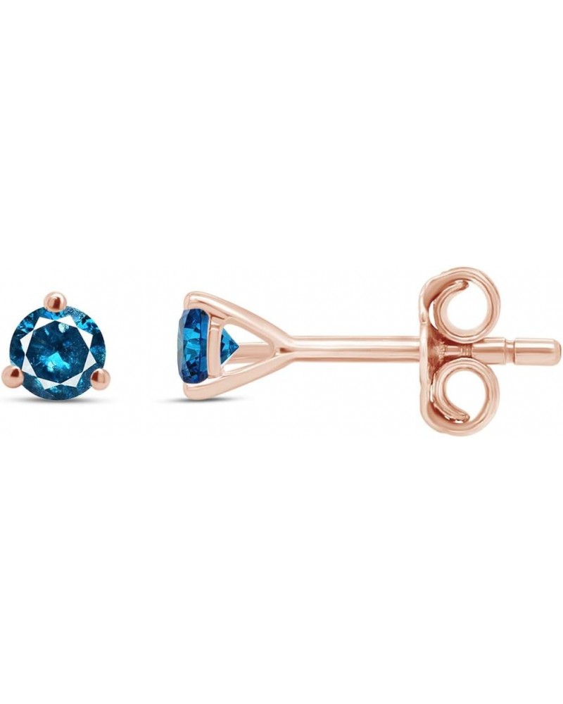 Round Blue Natural Diamond 3-prong Martini Stud Earrings (IGI Certified 0.30 ct & up) In 10k Solid Gold, (0.04-0.33 Cttw) Ros...