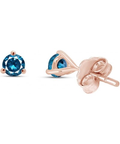 Round Blue Natural Diamond 3-prong Martini Stud Earrings (IGI Certified 0.30 ct & up) In 10k Solid Gold, (0.04-0.33 Cttw) Ros...