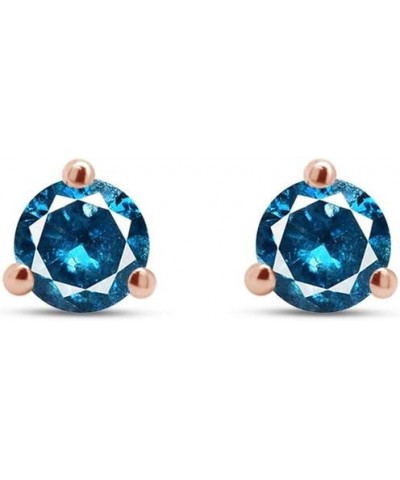 Round Blue Natural Diamond 3-prong Martini Stud Earrings (IGI Certified 0.30 ct & up) In 10k Solid Gold, (0.04-0.33 Cttw) Ros...