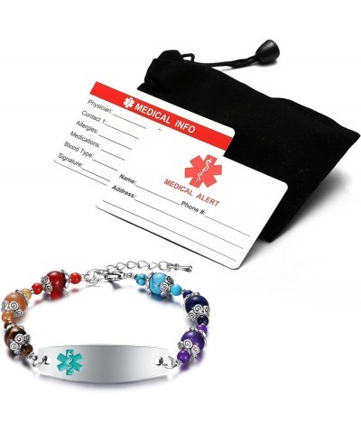 Personalized Medical Alert ID Bracelet for Women | Multicolor Natural Stone Beaded Medical Emergency ID Bracelet Adjustable 7...