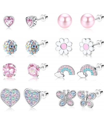 8 Pairs Hypoallergenic Screw Back Earrings for Girls Women 316L Stainless Steel Tiny CZ Pearl Heart Flower Butterfly Unicorn ...