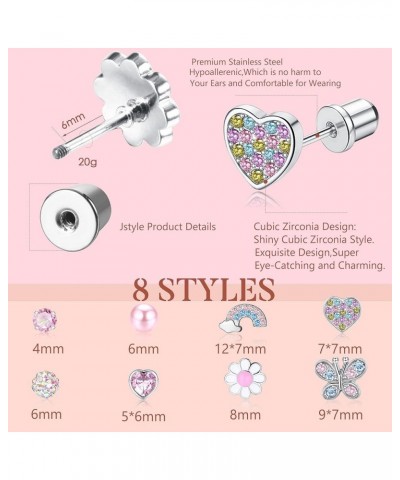 8 Pairs Hypoallergenic Screw Back Earrings for Girls Women 316L Stainless Steel Tiny CZ Pearl Heart Flower Butterfly Unicorn ...