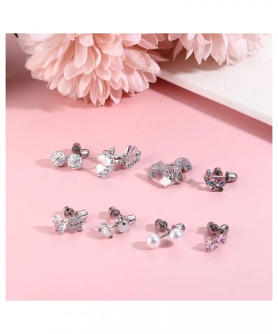 8 Pairs Hypoallergenic Screw Back Earrings for Girls Women 316L Stainless Steel Tiny CZ Pearl Heart Flower Butterfly Unicorn ...