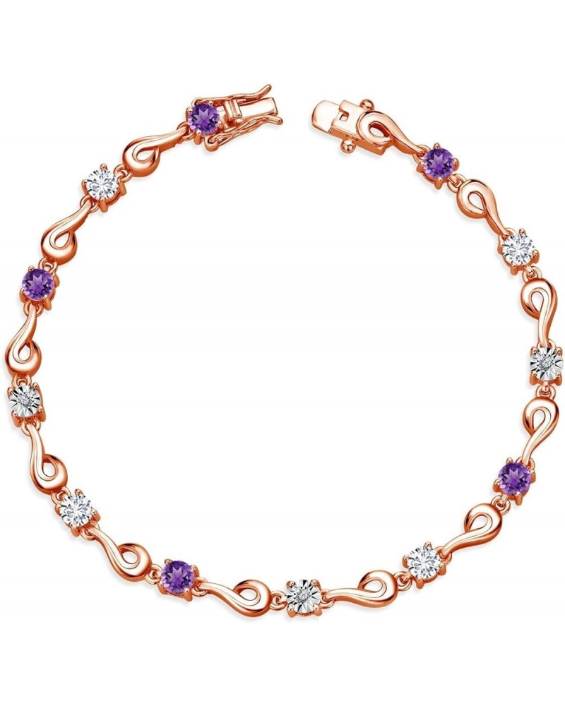 18K Rose Gold Plated Silver Purple Amethyst and White Lab Grown Diamond Bracelet For Women (2.35 Cttw, Gemstone February Birt...