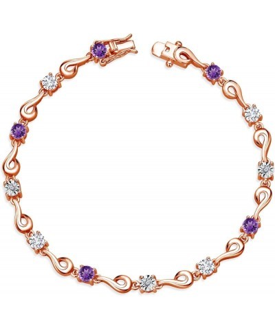 18K Rose Gold Plated Silver Purple Amethyst and White Lab Grown Diamond Bracelet For Women (2.35 Cttw, Gemstone February Birt...