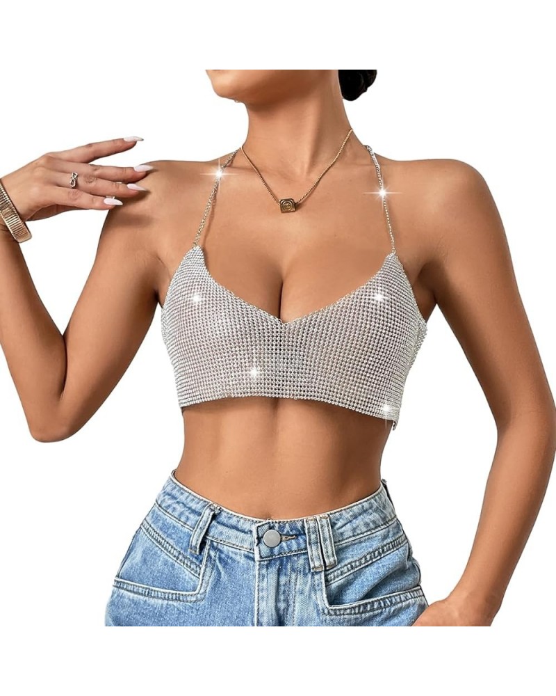 Women's Glitter Halter Tops Sparkle Crystal Rhinestone Chain Crop Top Metal Sequin Club Party Rave Nightclub Outfit F11067-si...