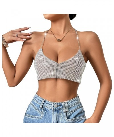 Women's Glitter Halter Tops Sparkle Crystal Rhinestone Chain Crop Top Metal Sequin Club Party Rave Nightclub Outfit F11067-si...