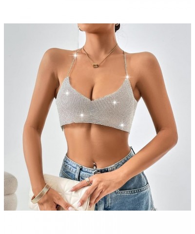 Women's Glitter Halter Tops Sparkle Crystal Rhinestone Chain Crop Top Metal Sequin Club Party Rave Nightclub Outfit F11067-si...