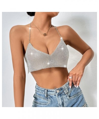 Women's Glitter Halter Tops Sparkle Crystal Rhinestone Chain Crop Top Metal Sequin Club Party Rave Nightclub Outfit F11067-si...